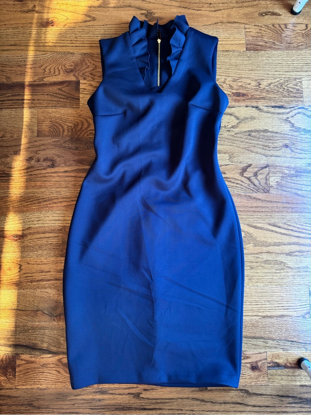 Calvin Klein Sleeveless Ruffle-Neck Sheath Dress - Navy